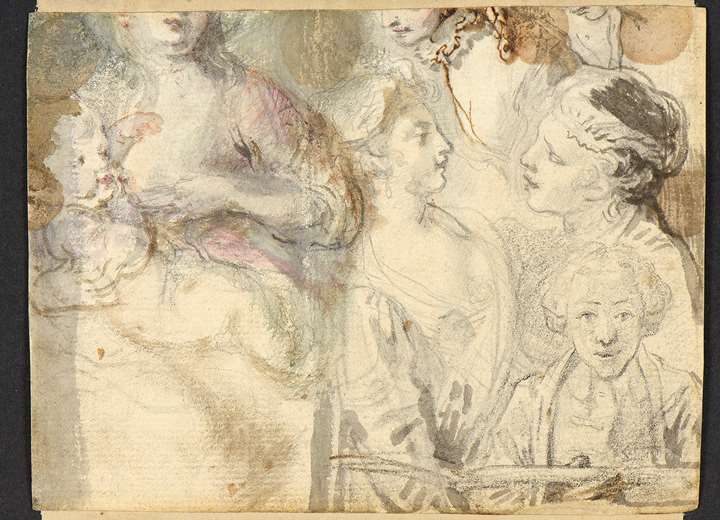 Sheet of Studies of Several Women, One Nursing a Baby, with an Artist Drawing  [recto], Three Women in a Landscape [verso]